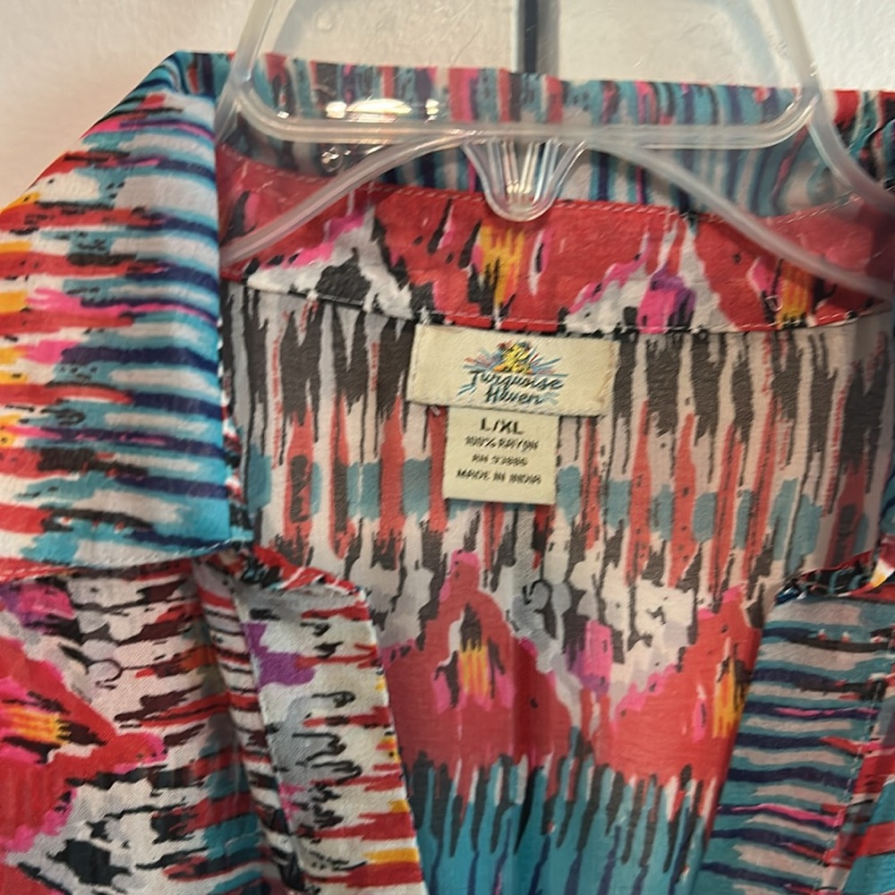 Turquoise Haven vibrant semi sheer Long Shirt Dress duster layering summer light - Picture 4 of 5